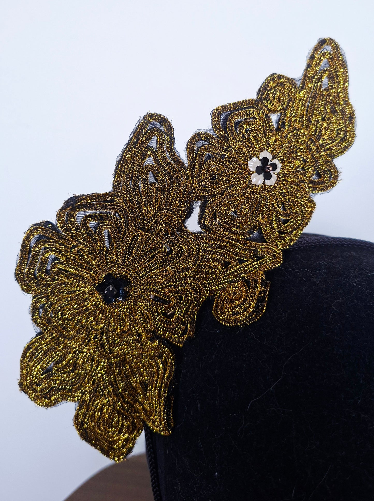 Black & gold peony fascinator